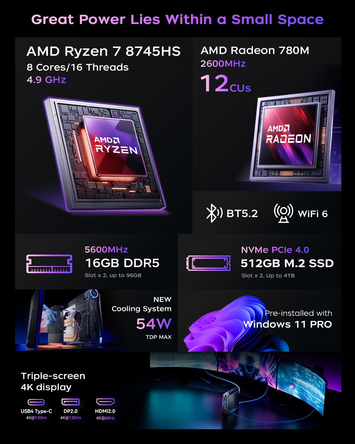 ACEMAGICIAN AMD Ryzen 7 8745HS (hasta 4,9 GHz) Mini PC, 16 GB DDR5 512GB SSD, AMD Radeon 780M Mini Ordenador, Luces RGB, 3 Modos (Auto/Eco Silencio/Rendimiento)