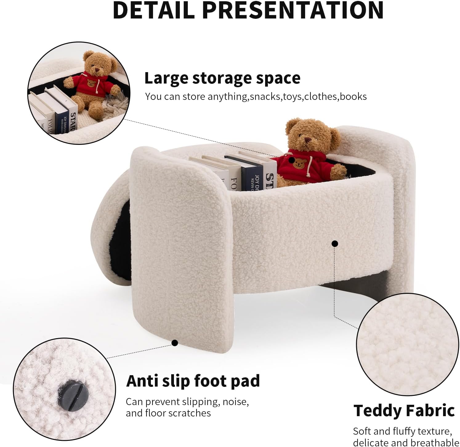 27 Inch Teddy Fabric Oval Storage Ottoman, Upholstered Foot Stools Ottoman with Storage, Vanity Stool, Modern Multifunctional Chair for Makeup Room, Bedroom, Living Room (Beige)