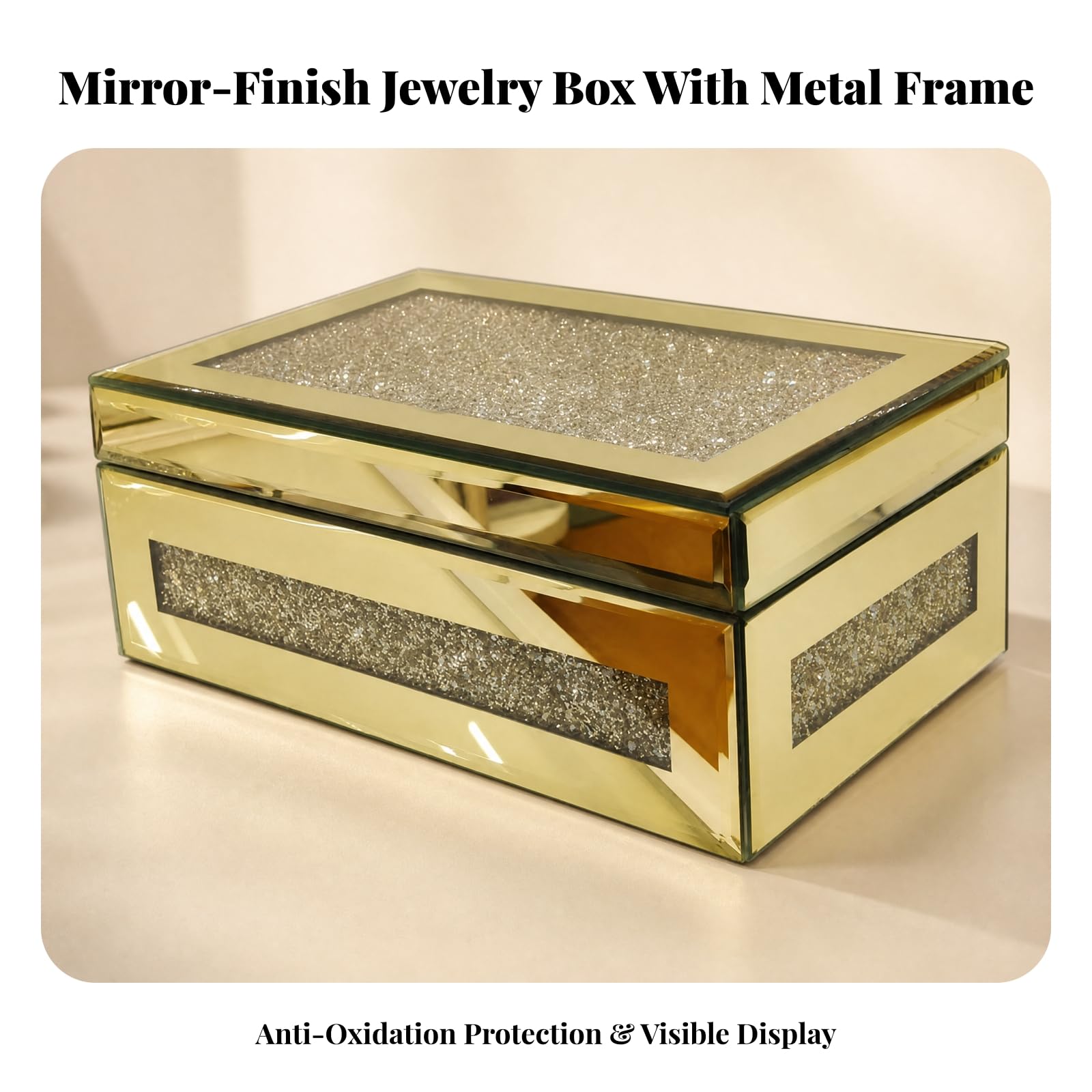 Joyero Mesa con Brillante | Protección la Oxidación, Caja Joyas con Espejo, Práctica, Organizador, para Tocador, Dormitorio, Mujeres, Oro