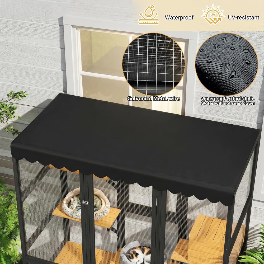 Large Wooden Walk-in Outdoor Cat Enclosure with Window Connection 2 Condos 5 Platforms 4 Doors Weatherproof Roof for Multiple Indoor Outdoor Cats