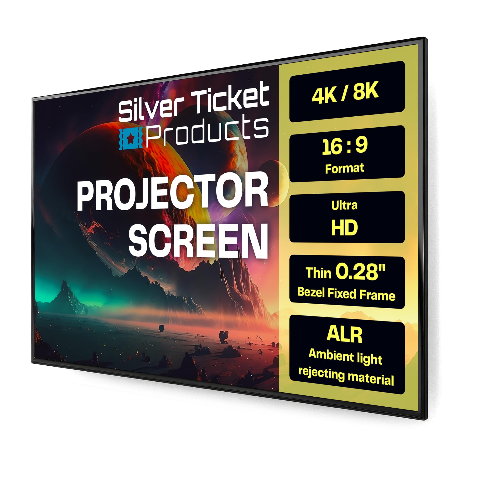 Silver Ticket Products S7 Series 6 Piece Thin Bezel Home Theater Fixed Frame 4K, 8K Ultra HD, HDTV, HDR, Active 3D Projection Screen, 16:9 Format, 120