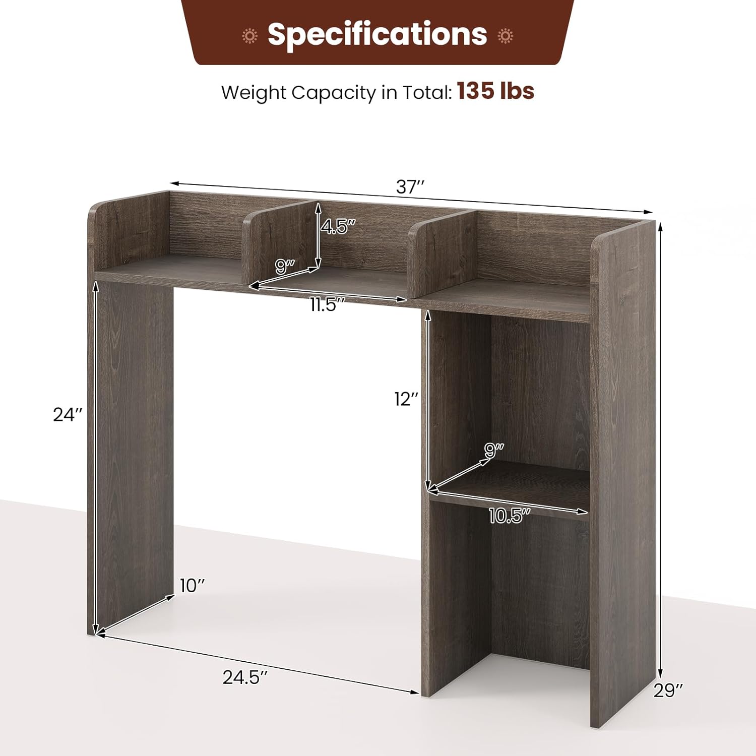 MAT EXPERT Desk Organizer, Wooden Desktop Shelf for 27 Inch Monitor with 5 Shelves & Non-Slip Foot Pads, Anti-Tipping Device, Multipurpose Desk Hutch for Study, Office, Dorm (Grey)