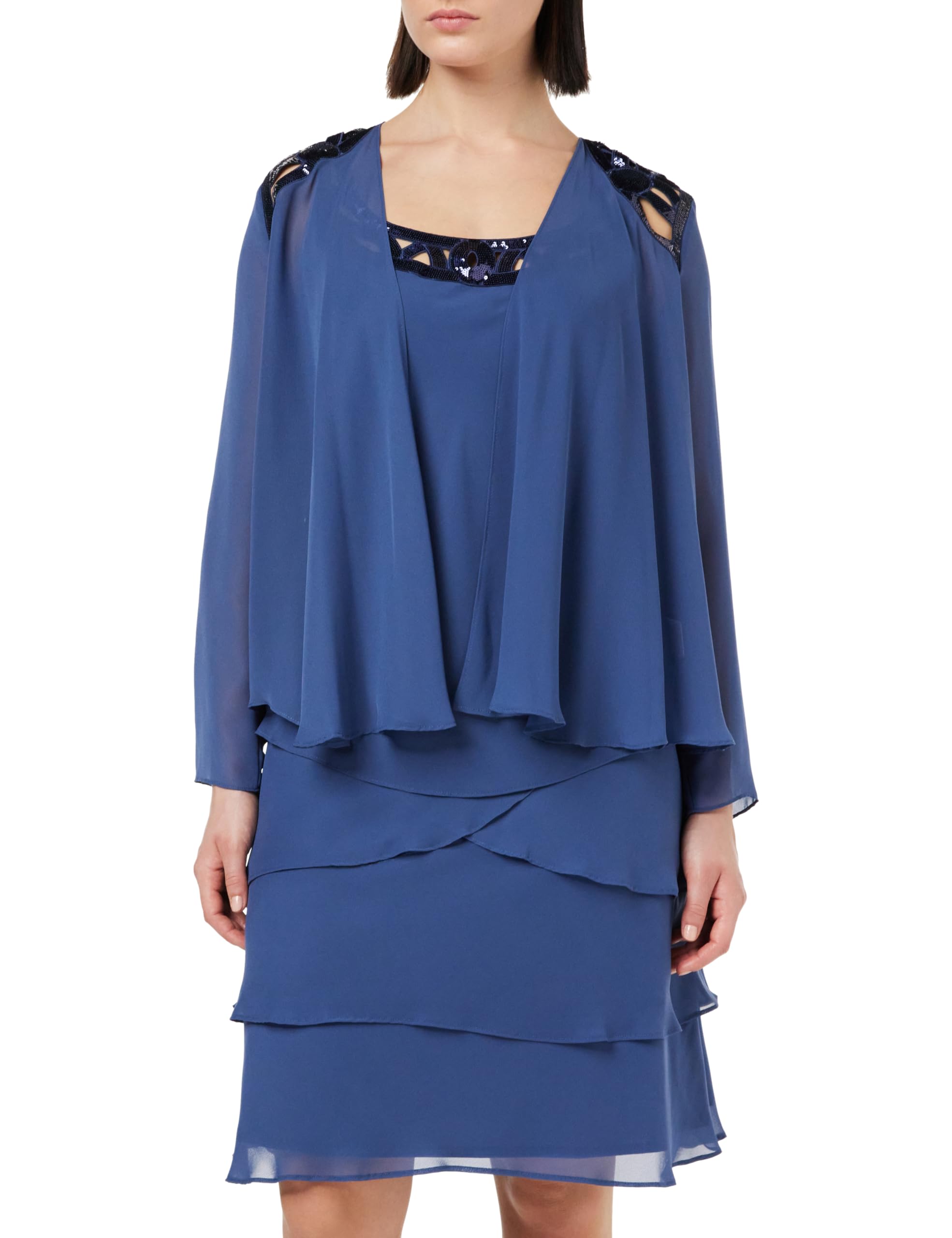 Gina Bacconi Embellished Tiered Sequin Jacket Dress, Wedgewood, 16