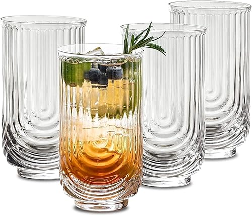 INSETLAN Juego de 4 vasos de cristal vintage Art Deco para cristalería de moda vasos de cóctel clásicos de 15 onzas para beber mojito whisky alto