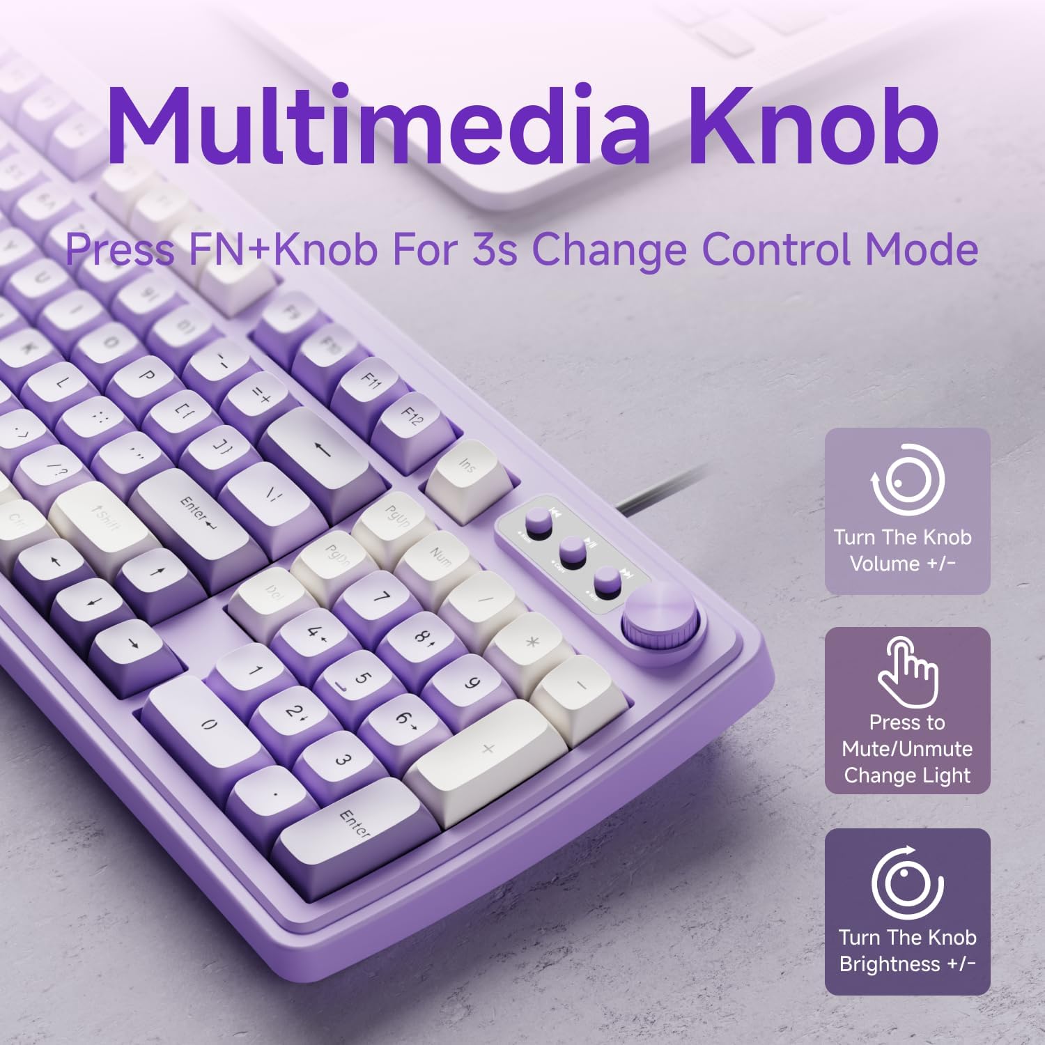EWEADN V97 Cute Creamy Keyboard, Wired Computer Keyboard with RGB Backlit, Media Knob, Curved Body, Silent Keyboard for MAC Xbox PC Gamer-Purple