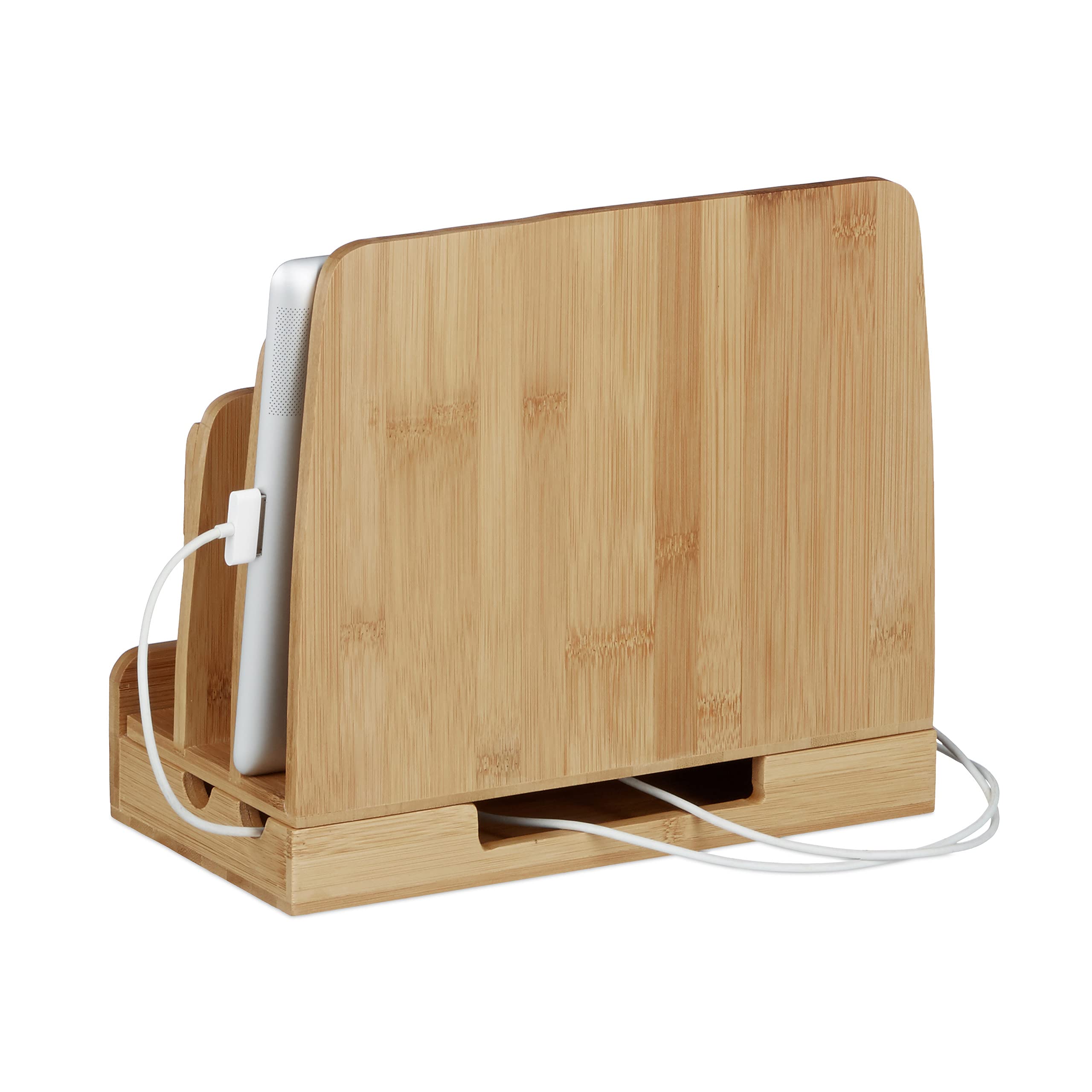 Relaxdays Stacja ładująca z bambusa, uchwyt na stację ładującą, 3 półki, smartfon, telefon komórkowy, tablet, wymiary: 23 x 25,5 x 13,5 cm, kolor naturalny