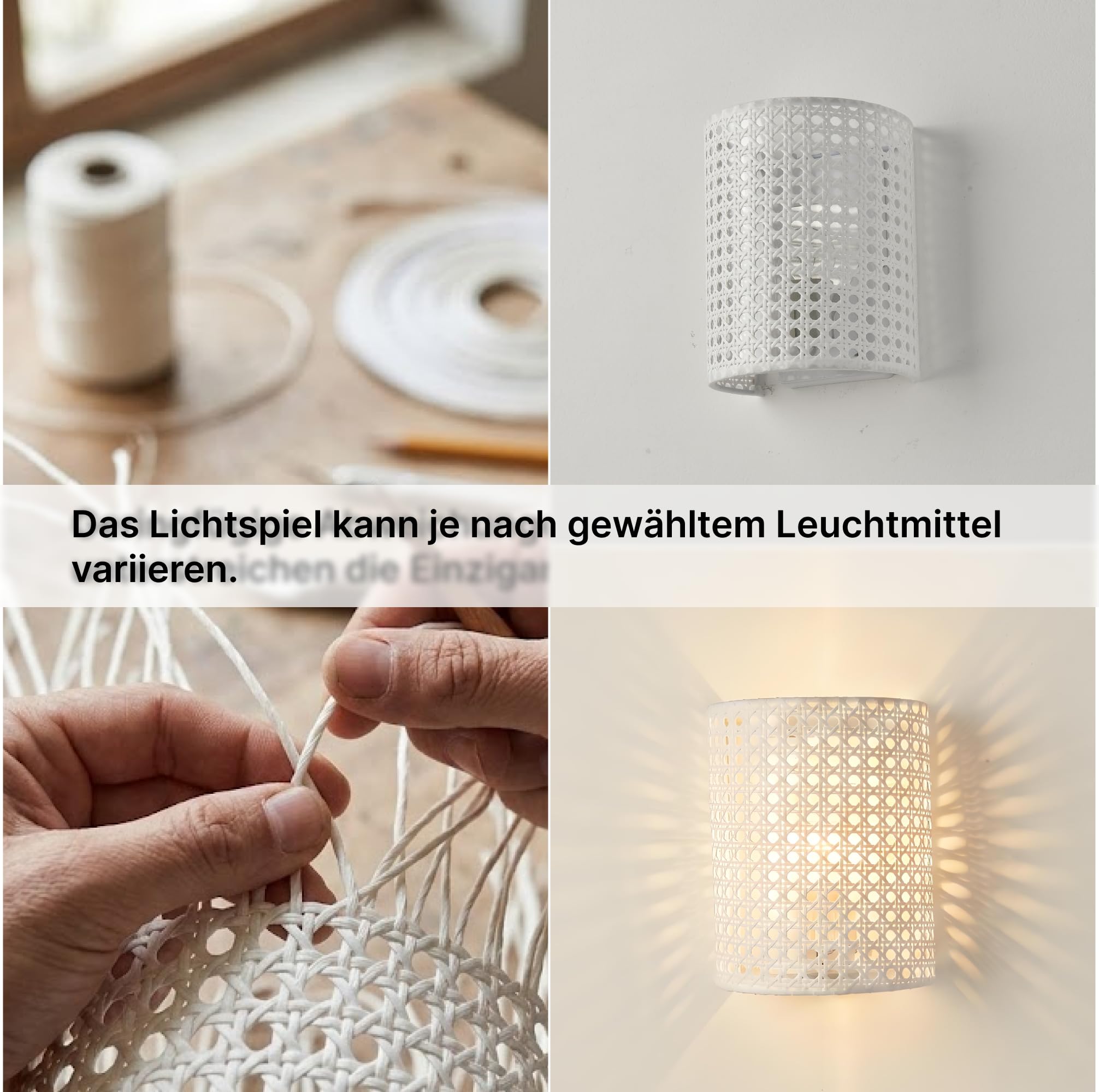 Wandleuchte Innen Vintage Weiß–Rattan Optik mit Wabenmuster | 2er Set Handgewebte Wandlampe, E27 Wandleuchten für Wohnzimmer Flur Schlafzimmer,20x16,5x12cm–Up&Down Licht–ohne Leuchtmittel