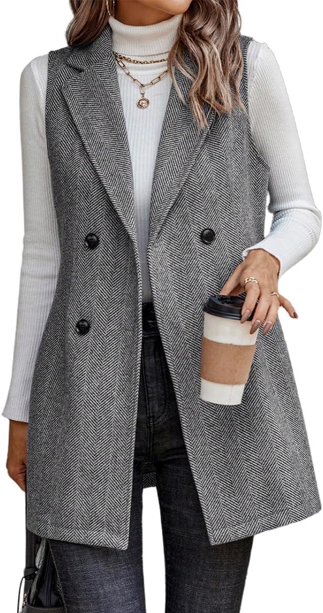 Kinghua Womens Wool Long Vest Sleeveless Lapel Double Breasted Fall Winter Coats Jackets