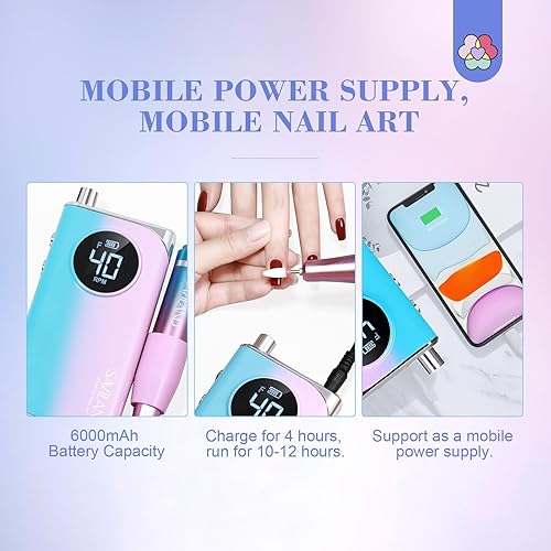 Miniatura 4 de SAVILAND Taladro de uñas eléctrico taladro de uñas profesional de 40000 RPM con 56 bandas de lijado juegos de 12 puntas, lima de uñas recargable,