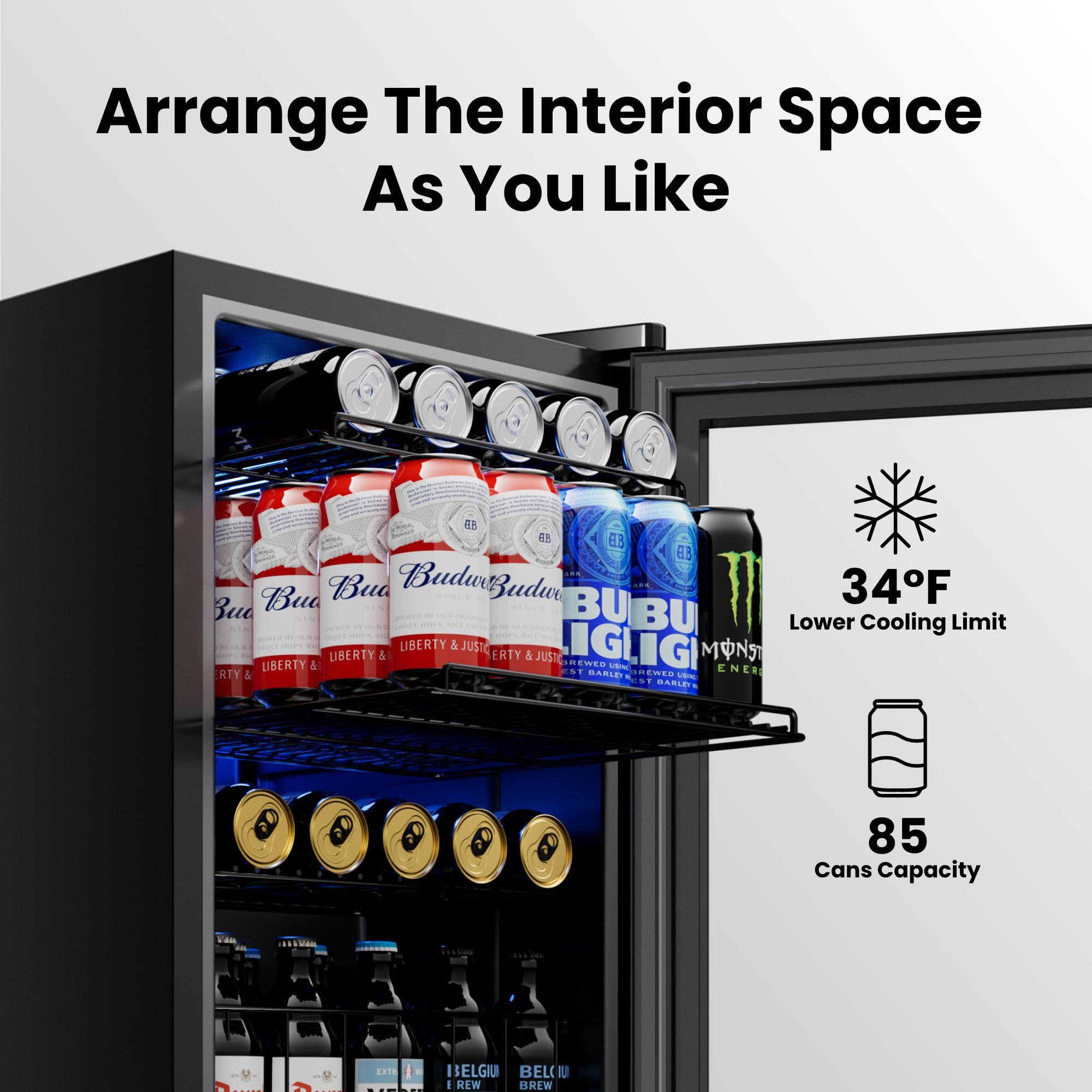 Yeego Beverage Refrigerator Cooler, 85 Cans Drink Mini Fridge with Glass Door for Soda Beer or Wine, Beverage Cooler with 34°F-54°F Digital Temperature Control for Home, Office, Bar