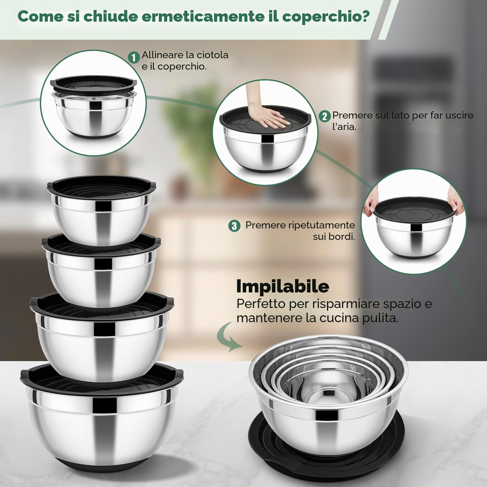 HaWare Set di 4 ciotole in acciaio inox con coperchio ermetico e fondo in silicone, ideali per cucinare, impilabili e lavabili in lavastoviglie, 4,6 l/2,8 l, 1,5 l, 0,7 l, nero