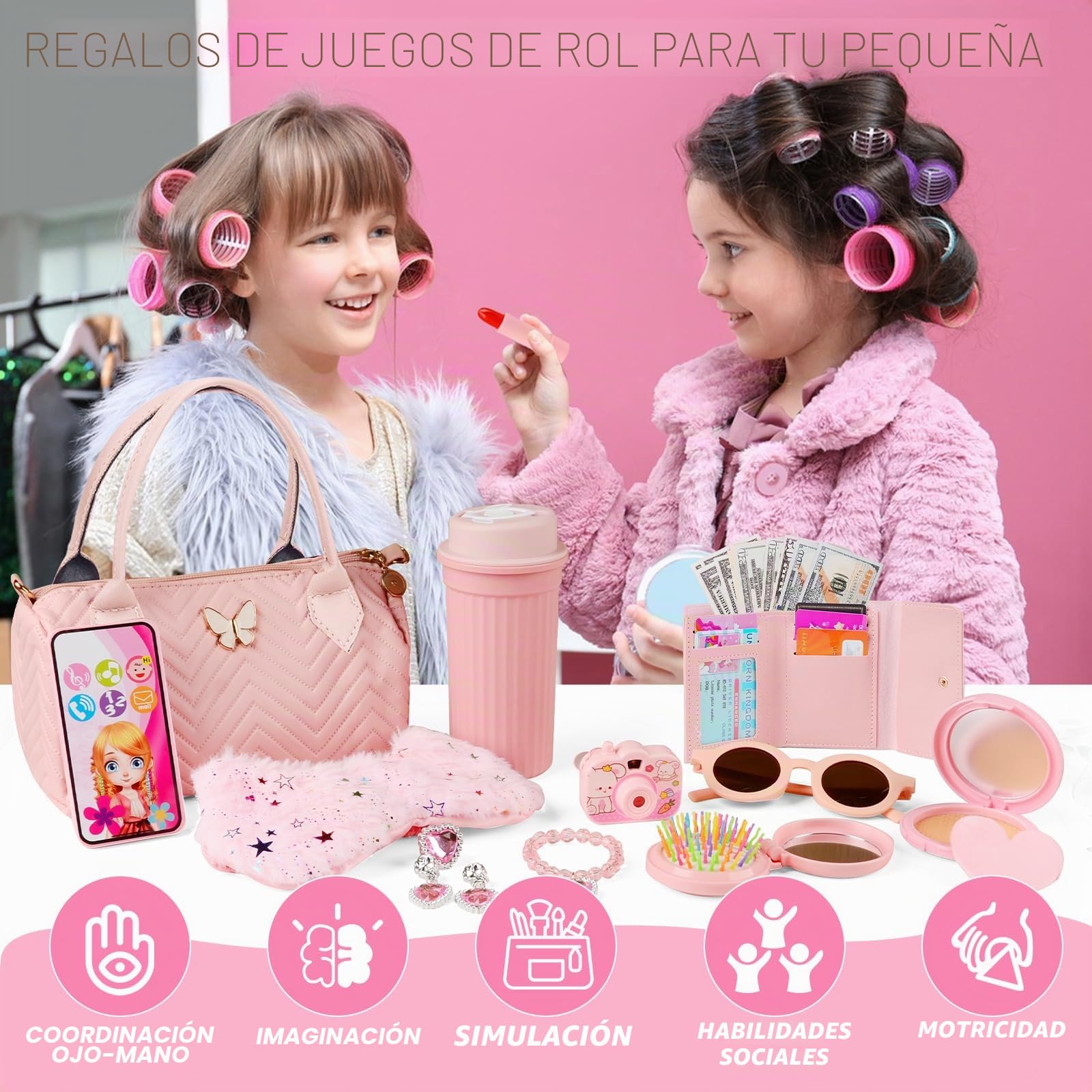 Bolso de Niña con Accesorios, Juguetes Niña de Maquillaje Falso Set, Juego de Bolso-Billetera, Teléfono, Gafas de Sol, Botella, Parche de Ojo, Joyas, Llaves, Cumpleaños Regalos Niñas 3 4 5 6 7 8 Años