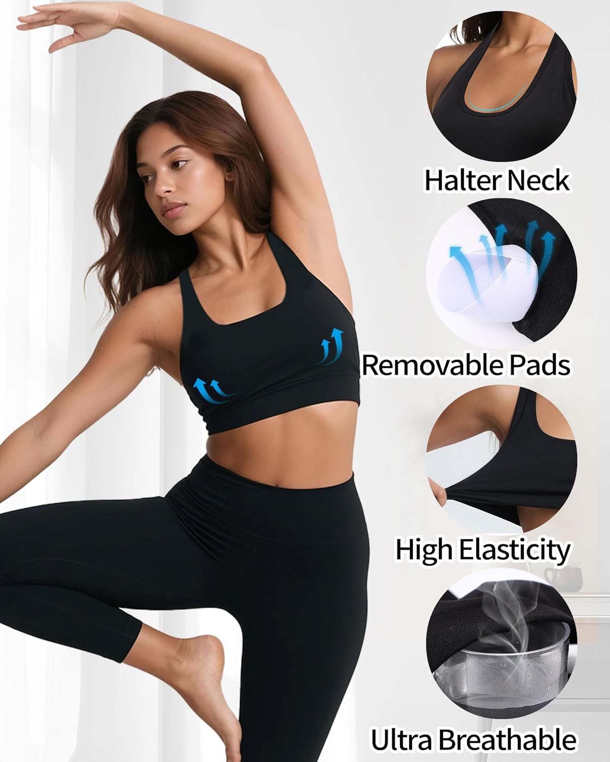 iMucci Halter Bra Medium Low Impact Sports Bras for Women Seamless Workout Padded Open Back Gym Yoga Bra with Removable Pads - Image 3