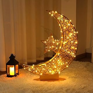 Tujoe Veilleuse en forme de lune et d'étoiles du Ramadan pour l'Aïd Mubarak, croissant de lune, Aïd Mubarak, décoration de...
