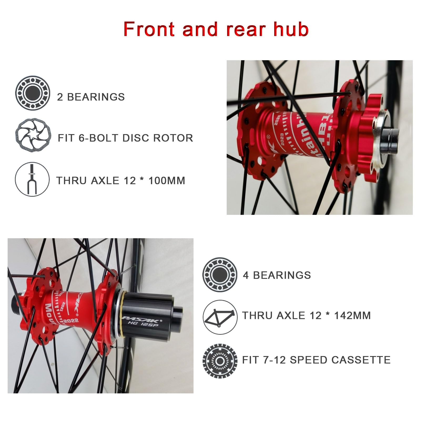 Rueda Delantera Y Trasera de Bicicleta, Llantas Aleación Doble Pared con 4 Rodamientos 24 Orificios Freno Disco 7-12 Velocidades for Bicicleta Carretera Neumáticos 700c * 23C-45C(12*100mm/12*1