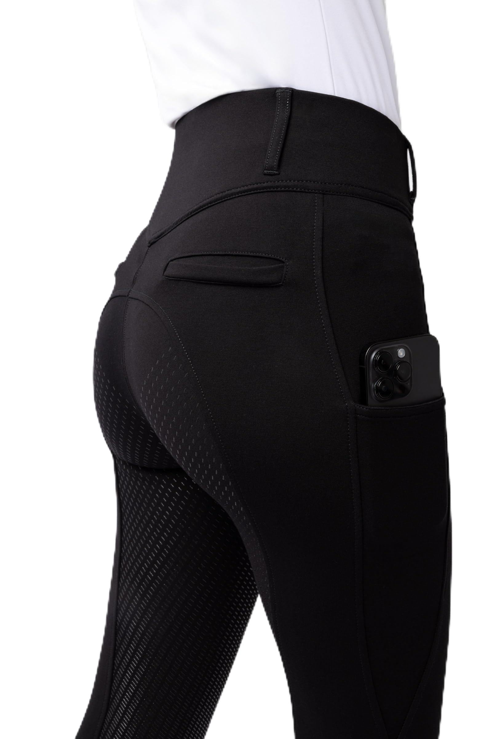 HORZE Reithose Damen Mira, Reitleggings mit Handytasche, Gürtelschlaufen und Vollbesatz, Schwarz, 40