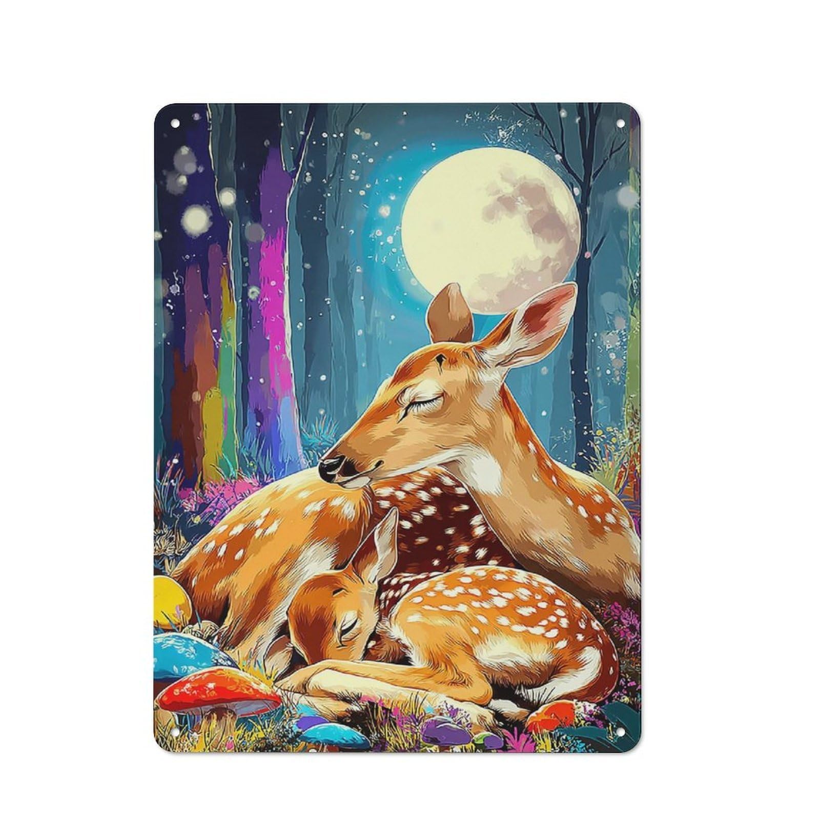 Junmoney Deer Family In Moonlit Forest Retro Vintage Tin Sign 40X30cm, Cafe Wall Decor For Kitchen, Cafe, Pantry Or Dining Room