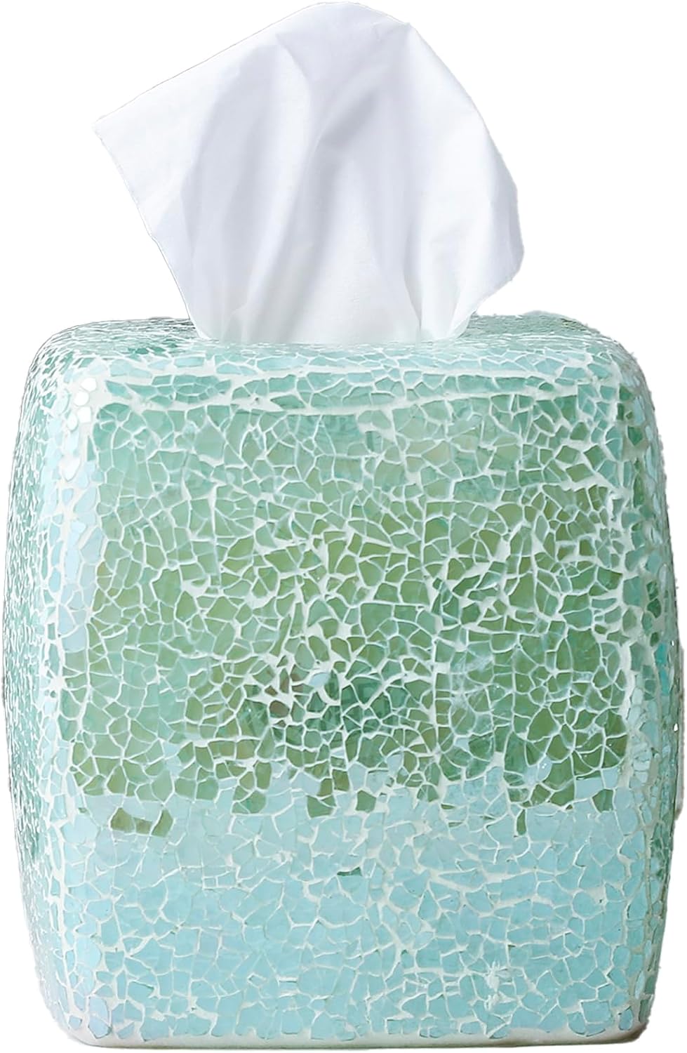 Handmade Mosaic Glass Tissue Box Cover, Square Decorative Holder, Turquoise Color