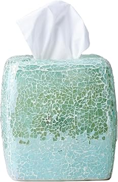 Handmade Mosaic Glass Tissue Box Cover, Square Decorative Holder, Turquoise Color