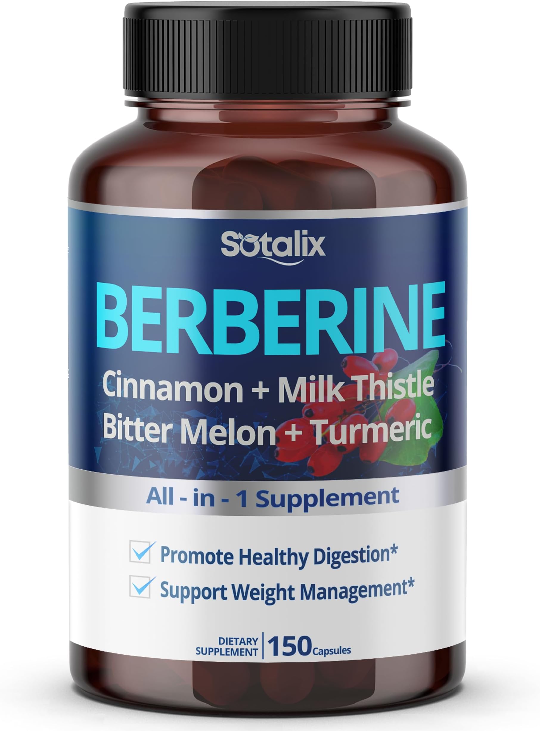 SOTALIX SUPPLEMENT Premium Berberine with Ceylon Cinnamon, Bitter Melon, Milk Thistle - 150 Day Supply (150 Count (Pack of 1))