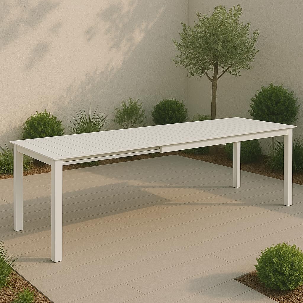 Totò Piccinni Tavolo LINOSA Allungabile in alluminio rettangolare ideale per giardino con piano a doghe dal design moderno (Bianco, Tavolo 160/240x100x76)