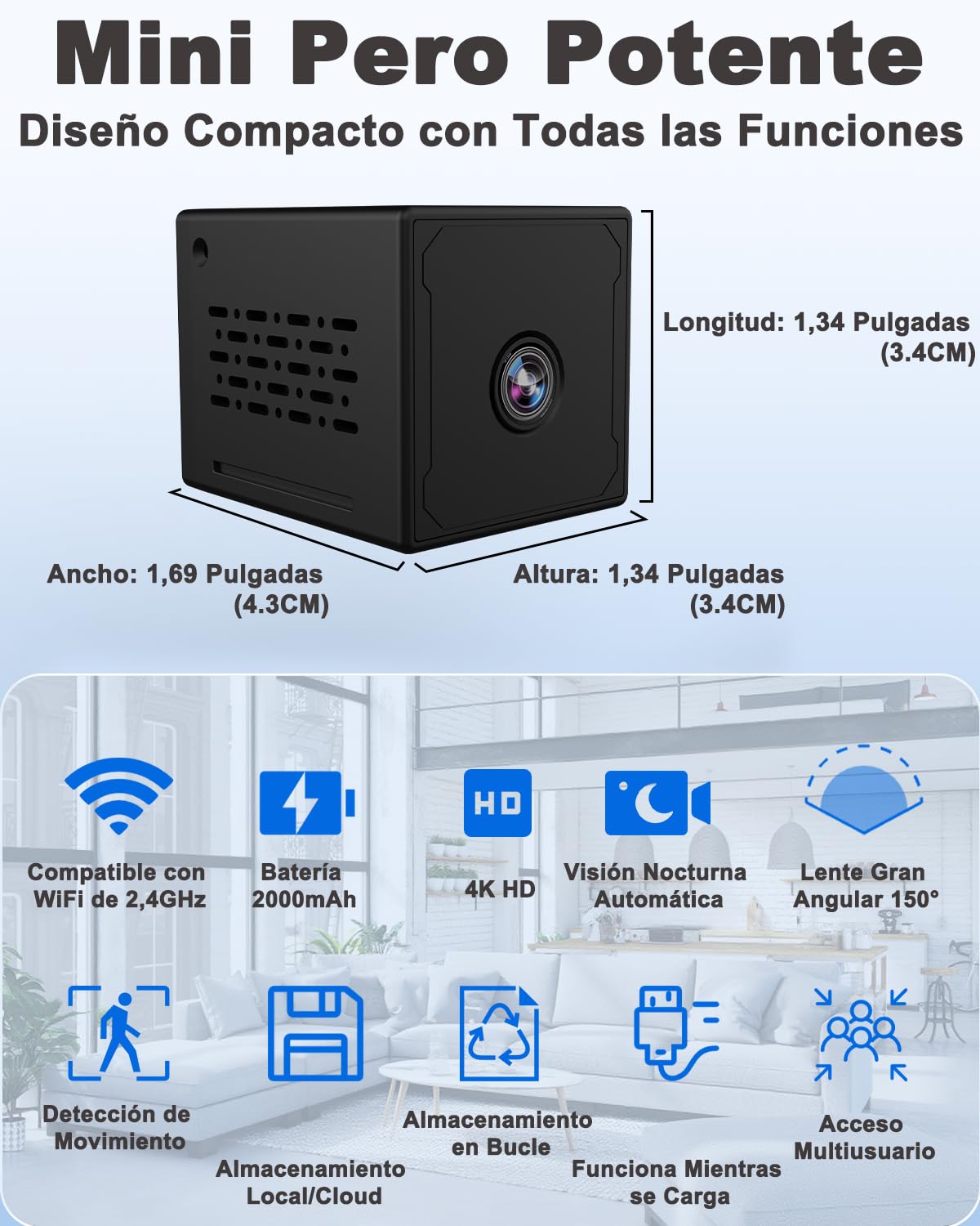 Mini Camara Espia, 4K Mini Camara Vigilancia WiFi Interior, Camara Espia Oculta con Visión Nocturna & Deteccion de Movimiento, Bateria 2000mAh, WiFi/Ap Hotspot Opciones, Spy Camera Interior/Extérieur