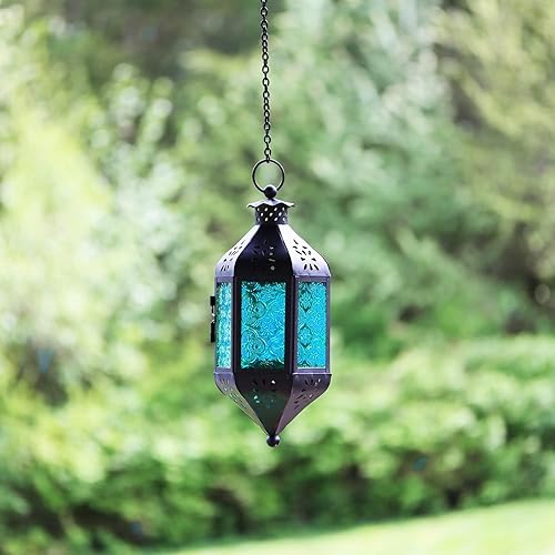 Miniatura 4 de Farol portavelas decorativo Vela Lanterns, estilo marroquí, colgante para decoración al aire libre, cristal azul