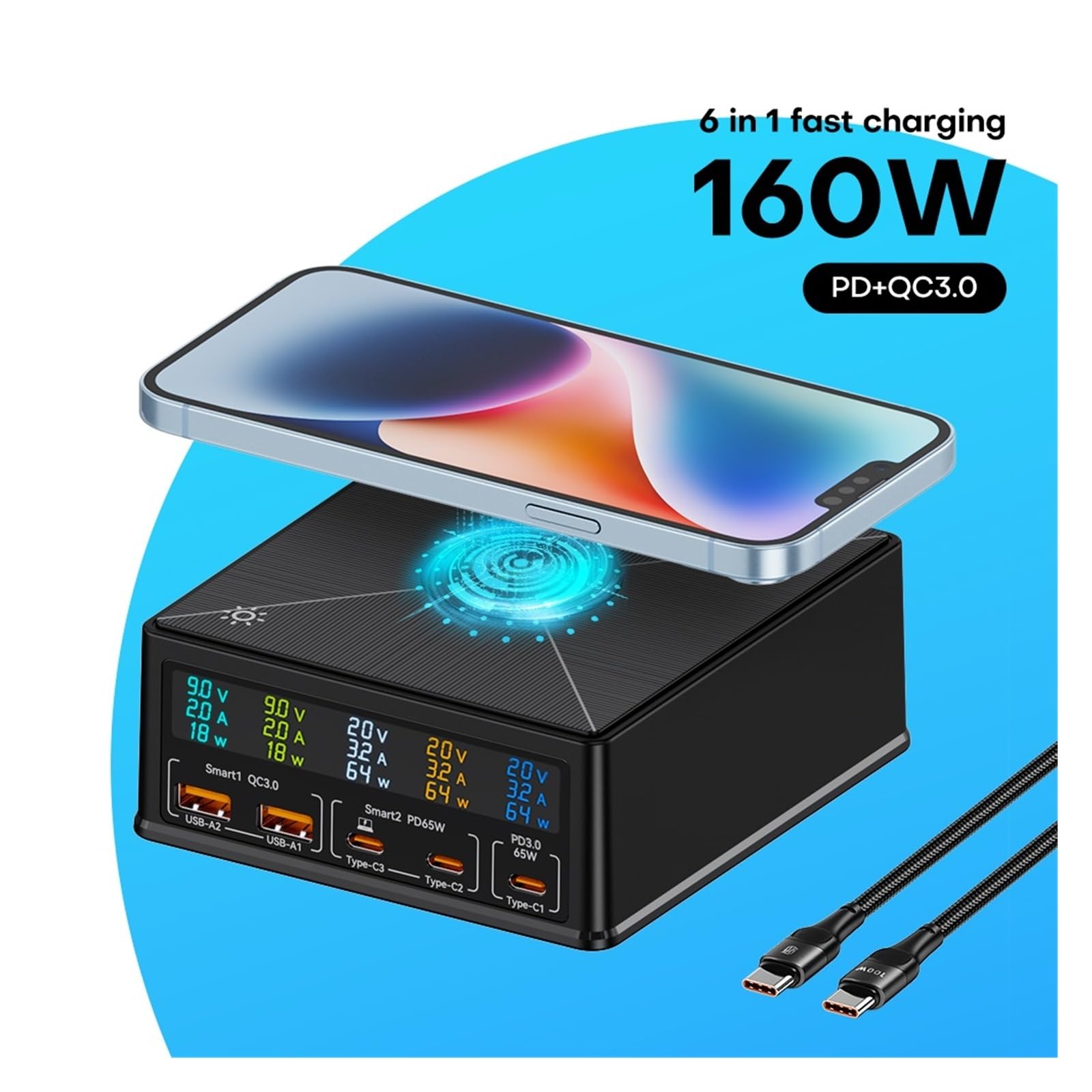 Chargeur multiports, Station de Chargeur USB GaN 160W 15W, Charge sans Fil, écran LCD, USB C PD 65W QC, Chargeur Rapide pour la Maison, Le Bureau et Les Voyages