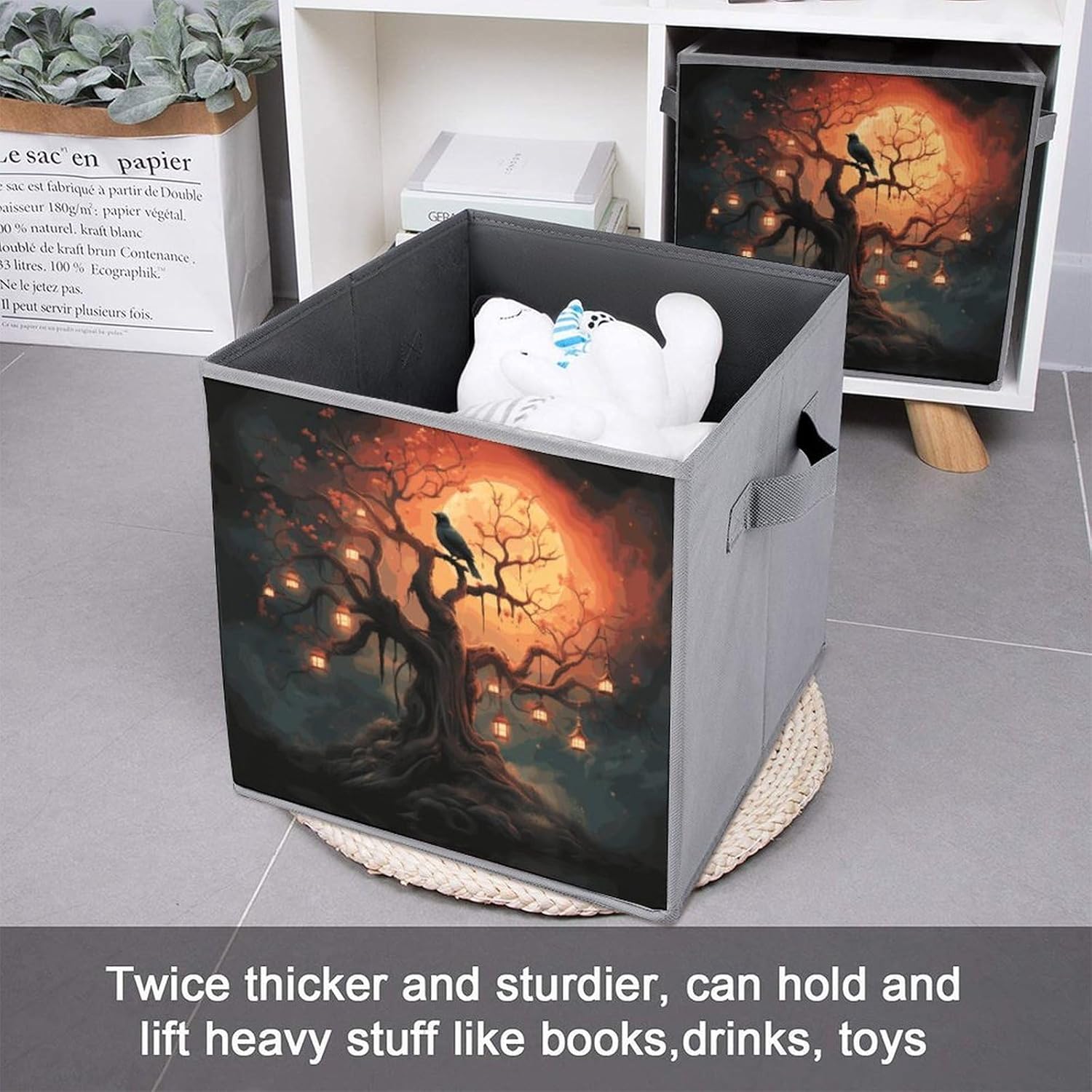 Mysterious Tree Birds Storage Cubes Set of 6 Storage Bins with Handles Collapsible Storage Basket Fabric Storage Box for Shelves Large Closet Shelf Organizer for Organization 11 Inch