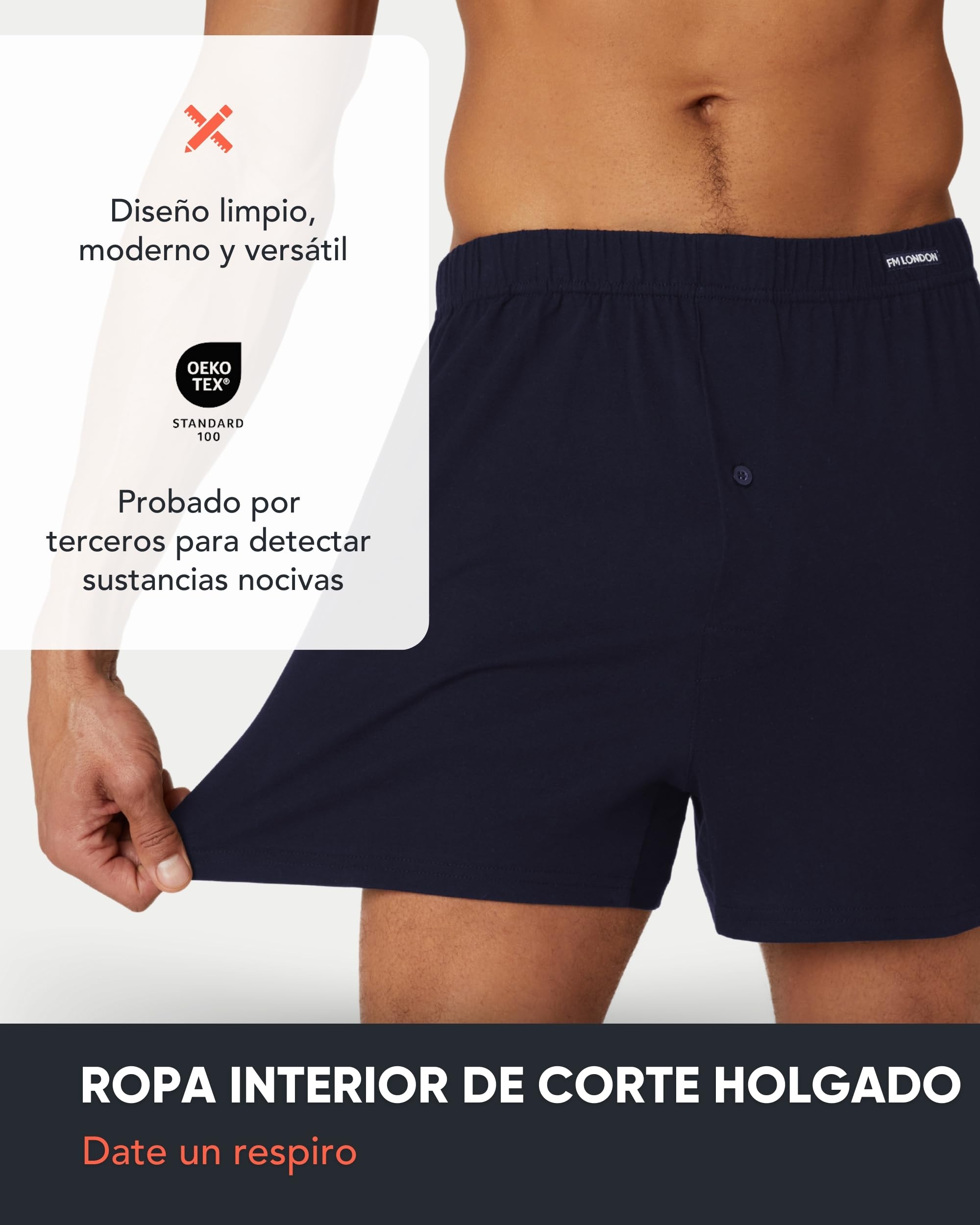 FM London Pack de 5 Calzoncillos para Hombre de Algodón - Bóxer para Hombre de Algodón 100% Supersuave, Colores Lisos – Bóxer de Estilo Holgado, Bragueta Abotonada y Cintura Elástica