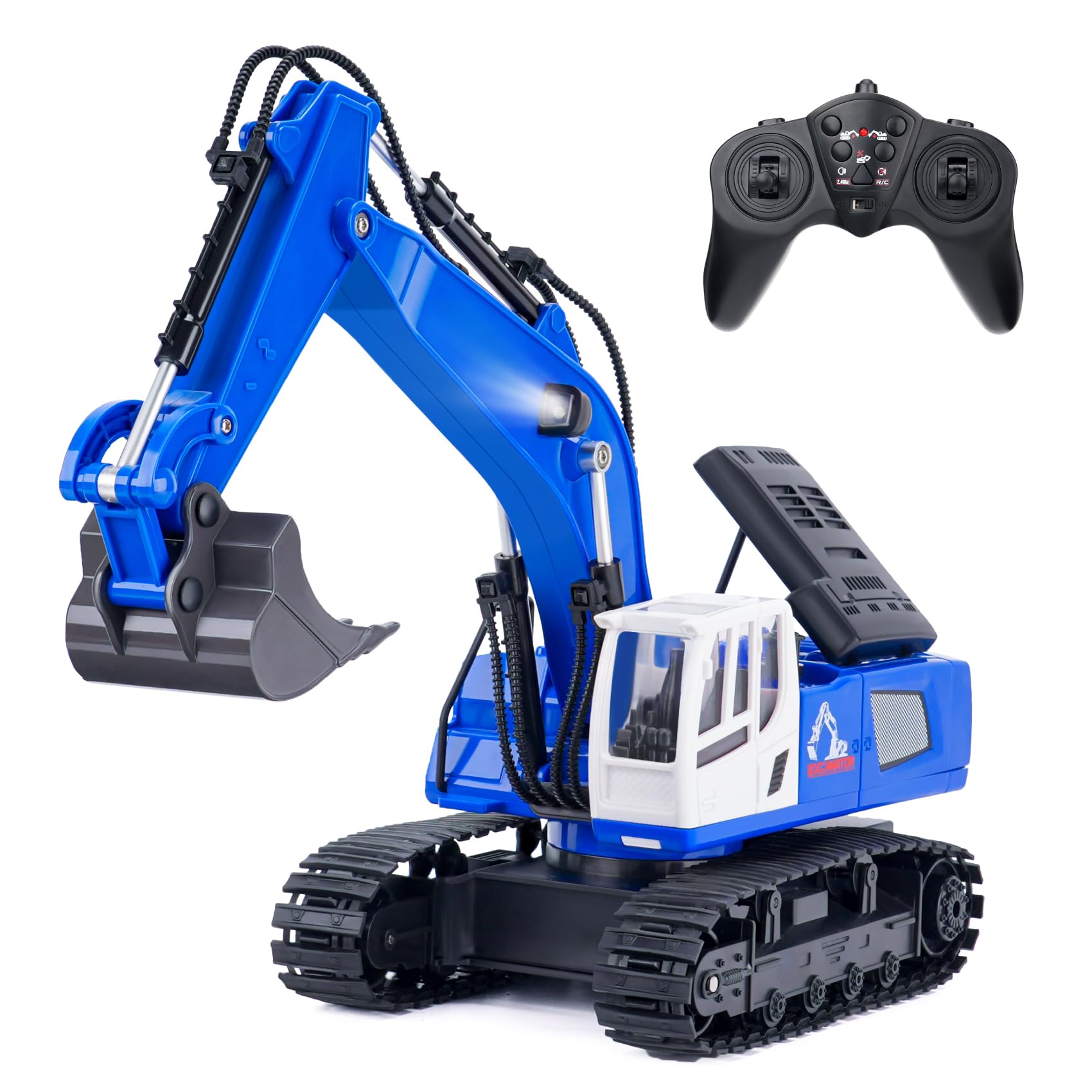 NEXBOX Excavatrice télécommandée Cadeau pour Enfants - Jouet RC avec Pelle en métal, Simulation de fumée, lumière et Effets sonores