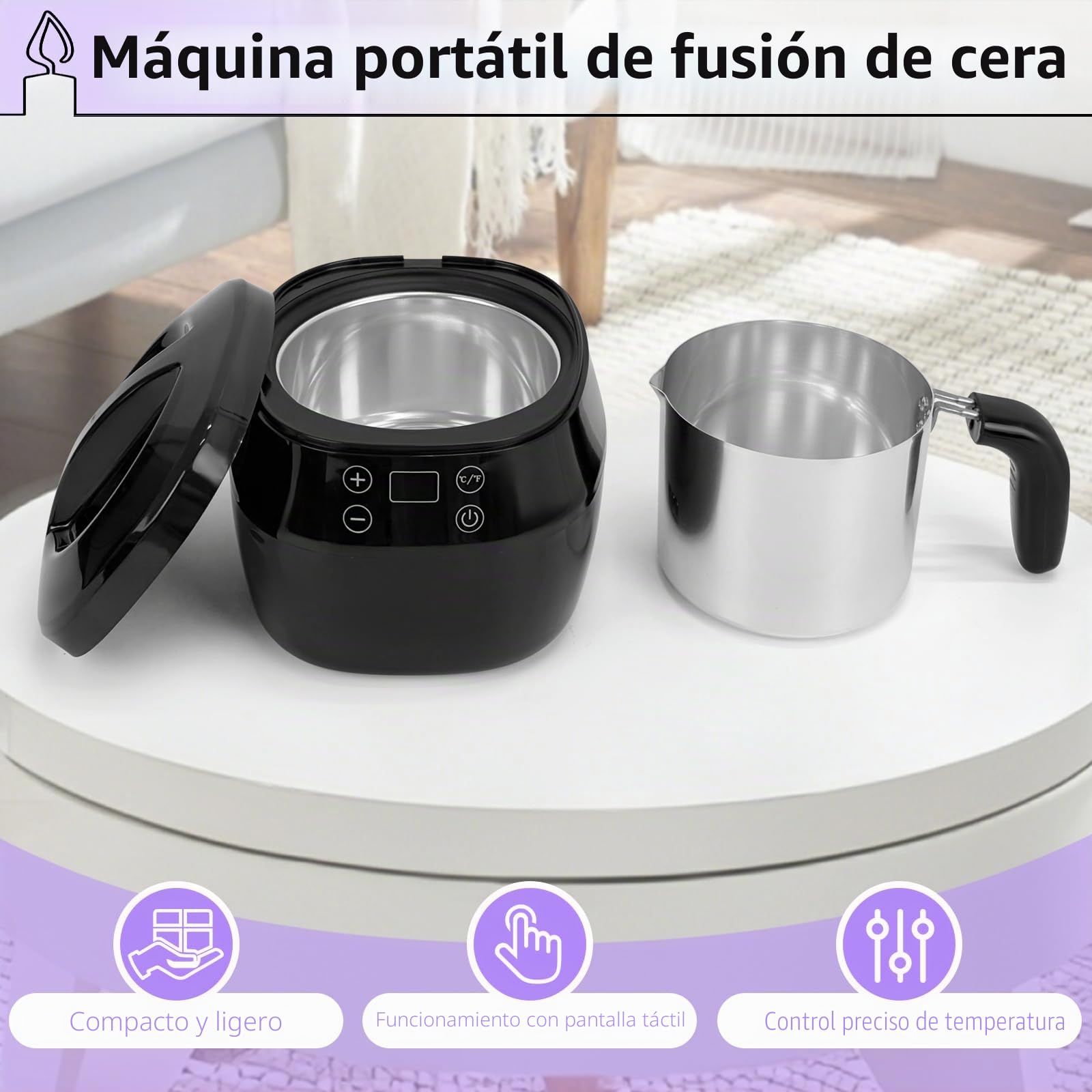 JAOGAUS Olla Eléctrica para Fundir Cera, 1 Litro, Temperatura Ajustable, Kit para Hacer Velas para Principiantes, Dispositivo para Centrar la Mecha y Cuchara de Silicona Incluidos