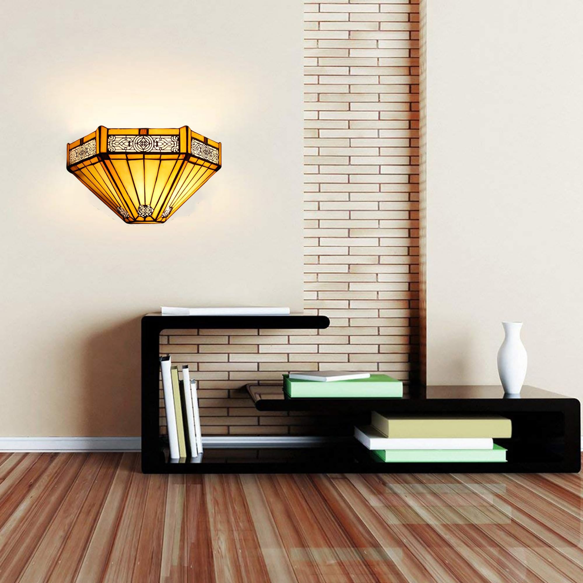 Aplique de Pared Vitral 30,5 cm Diseño Geométrico Misión Ámbar | Aplique de pared Tiffany con pantalla de vitral hecha a mano. Para pasillo, pasillo, salón, dormitorio o escalera.