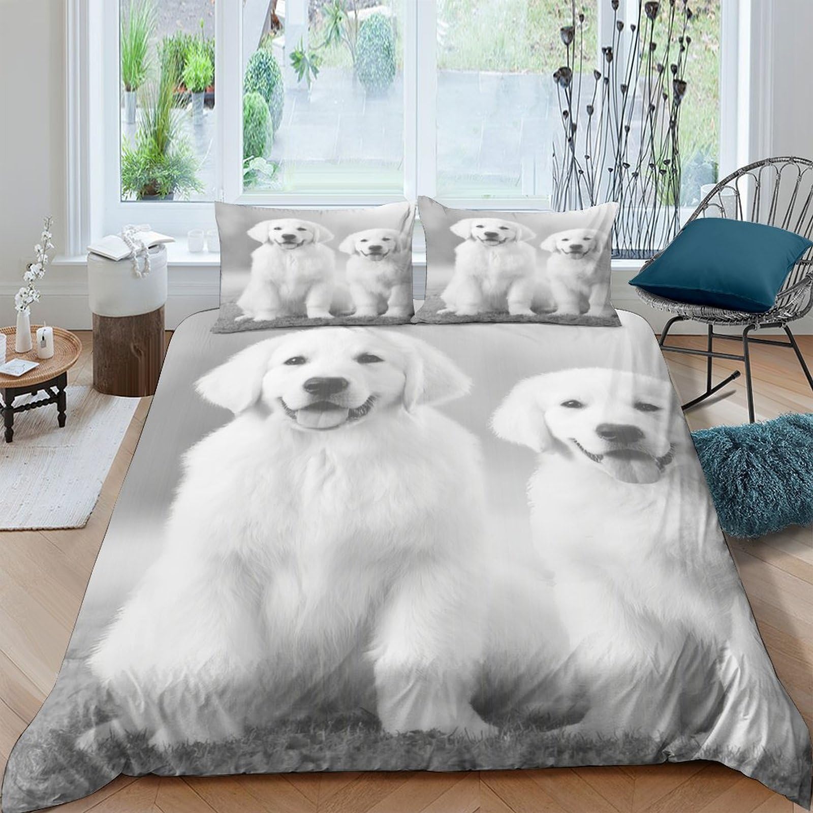 P5V6M1Q9 3D Printed Golden Retriever Dog Duvet Cover Microfiber Soft Breathable Realistic Puppy Bedding Set with 2 Pillowcases for Bedroom Decor Single（135x200cm）