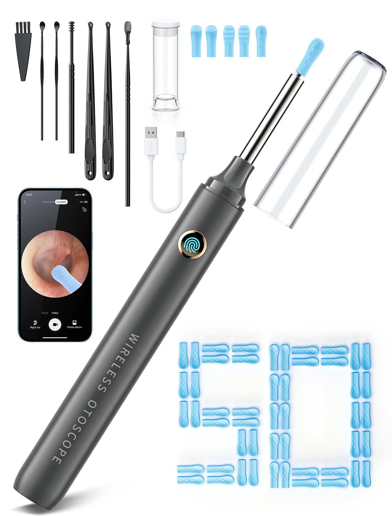 Ear Wax Removal Tool Camera - Ear Cleaner with 1080P HD Camera, FSA - HSA Store Eligible, Otoscope with Light, Earwax Removal Kit with 50 Replacement Tips for iPhone, iPad, Android Phones (Gray)
