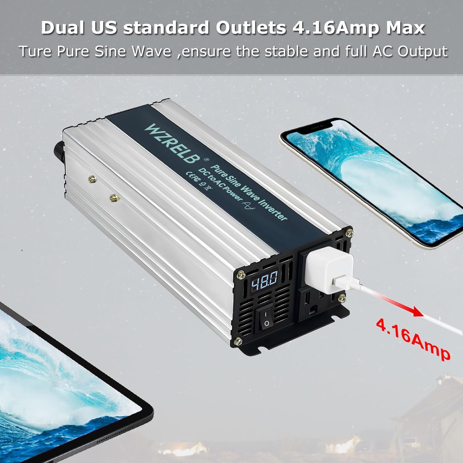 WZRELB 500W Pure Sine Wave Inverter 12V DC to 110V 120V AC Power Converter with LED Display, Remote Controller, Off-Grid Power Inverter 1000W Surge for Home, RV, Truck, Camping