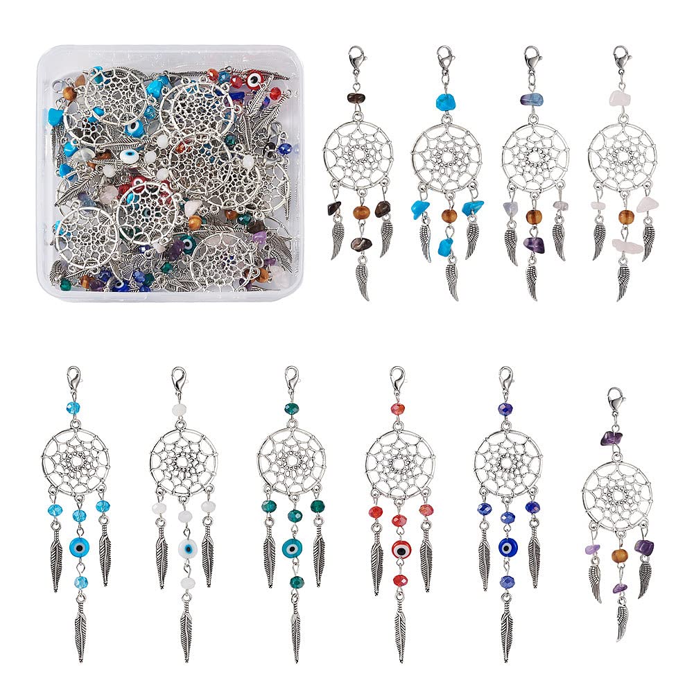 Pandahall 20Pcs Dream Catcher Handmade Feather Boho Dream Catchers Wall Hanging Ornament Home Decor & Natural Gemstone Glass Bead for Key Chain Car