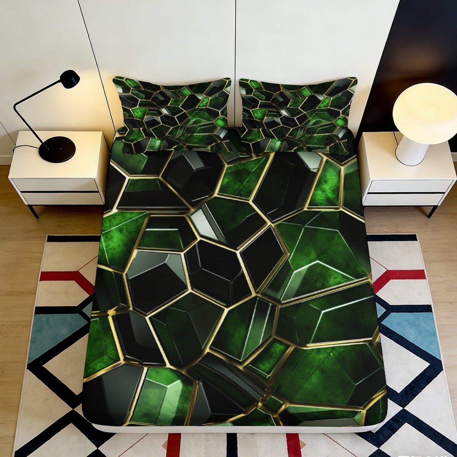 3D Printed Emerald Geometric Fitted Sheet Microfiber Soft Breathable Mosaic Mattress Cover for Bedroom Guestroom Decor 90x200x25cm