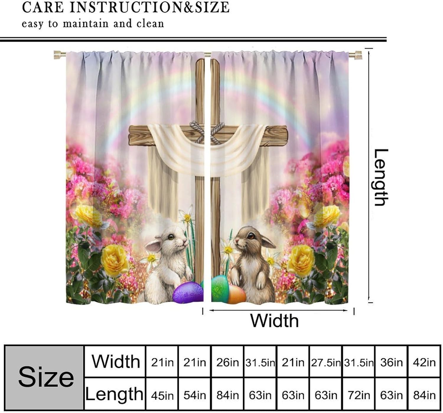 Easter Decor Window Curtain He is Risen On Spring Floral Scene Style Print for Home Kitchen Restaurant Decoration Window Drapes 2Panel 41" W X 53" L