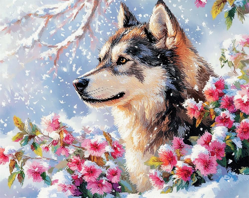 Henypt Cross Stitch Kits Alaskan Malamute and Flowers in The Snow Stamped Cross Stitch Preprinted 11Ct Fabric Cross Stitch DIY Art Embroidery Kits for Adults (Stamped)
