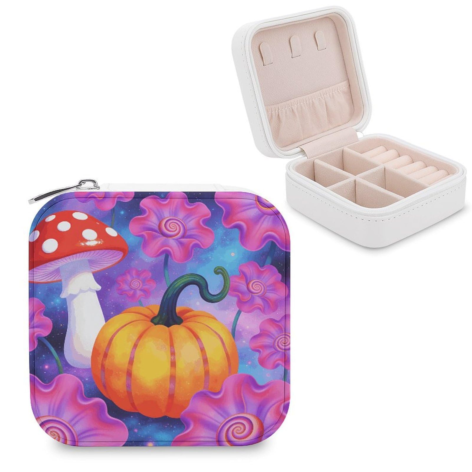LZQPOEAS Groovy Flowers Mushroom Pumpkin Jewelry Box, PU Patterned Storage Case, Portable Travel Jewelry Organizer Box for Storing Rings, Pendants, Earrings, Necklaces, And Women's Specialized