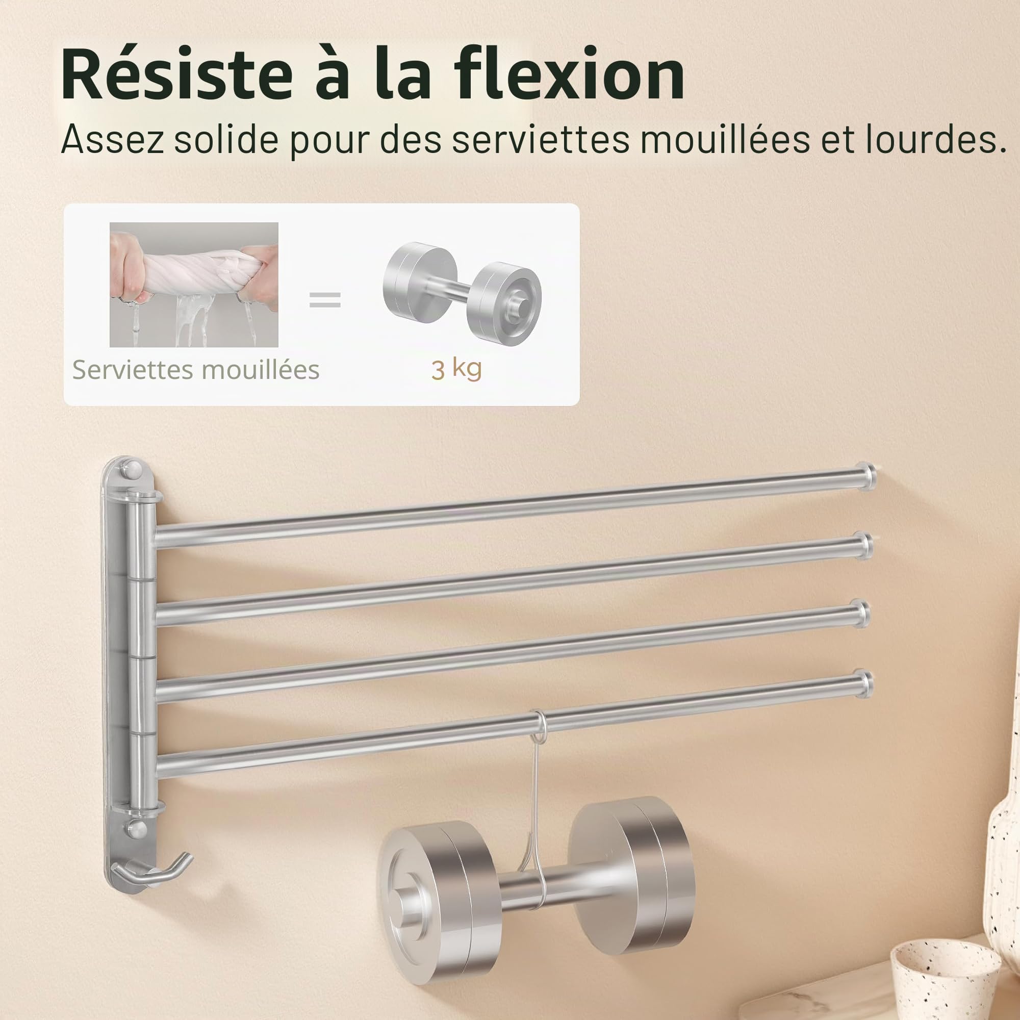 KES Porte Serviettes Pivotante Porte-Serviettes Murale 4 Bras Acier Inoxydable SUS304 Seche Serviette Barre 50 CM Support Brossé, A2103S4L50-2