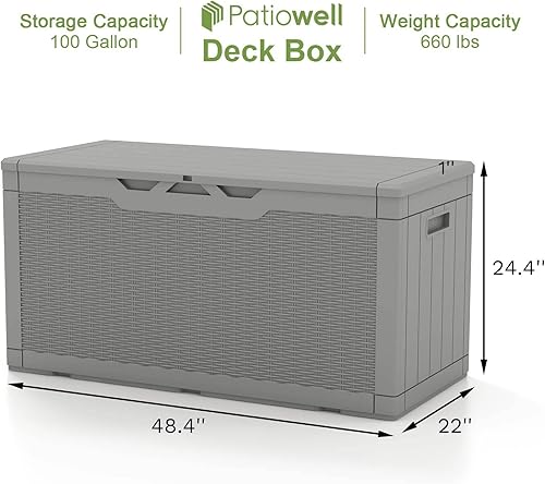 Vista 41 de Patiowell Caja de resina de 100 galones, caja de almacenamiento grande impermeable para muebles de patio y herramientas de jardín, color negro