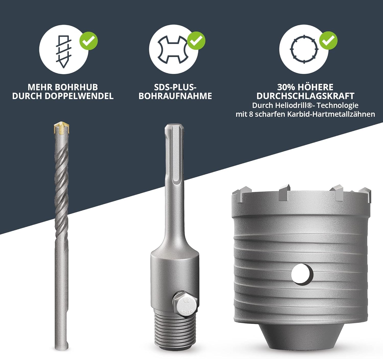 BAURIX® Koronka do puszek SDS Plus 68 mm – 8 zębów z węglika | Czyste otwory pod gniazda w murze, cegle i płycie GK – krzyżowy grot centrujący, chwyt do wiertarki udarowej.