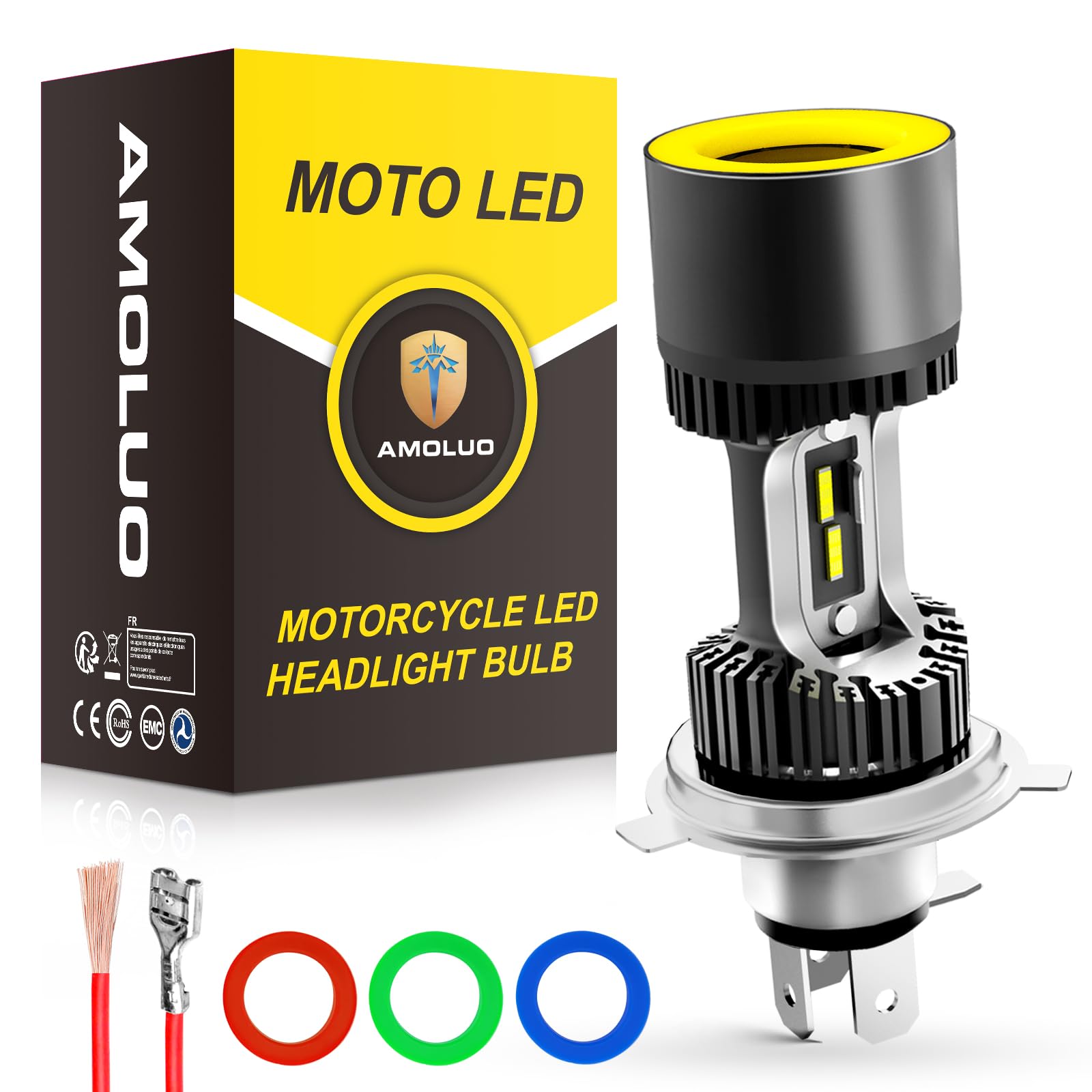 AMOLUO H4 LED Lampadina Per Fari Moto,Occhi Angelo Intercambiabili a 5 colori,HS1 LED Con Modalità Costante Luci di Marcia Diurna, 6000LM 35W 6000K DC12-36V, 1 Lampade