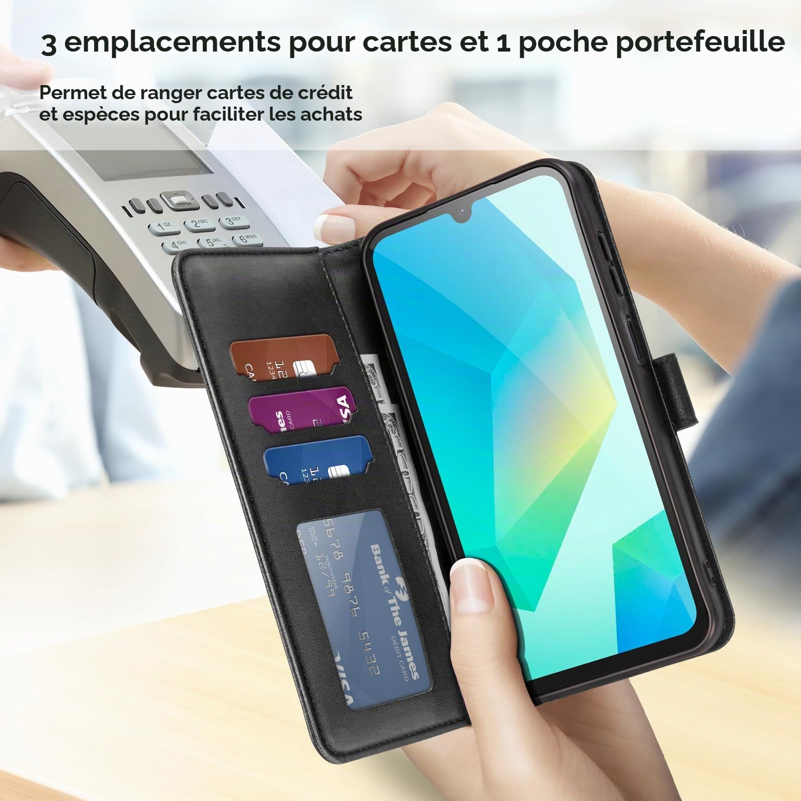 ivencase Coque pour Samsung Galaxy A16 avec Verre Trempé, étui Cuir PU Magnétique [ Pochette de Portefeuille ], Housse de Fonction Stand Video Porte Carte Credit à Rabat pour Samsung A16 5G/4G - Noir