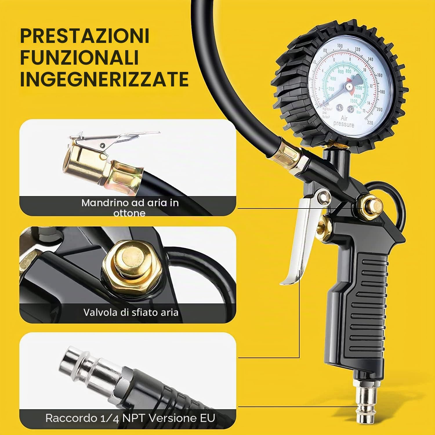 Manometro Pressione Gomme con Tubo Flessibile, 220 PSI / 16 BARManometro per Pneumatici Gomme, Alta Precisione Manometro Pneumatici per Auto, Moto