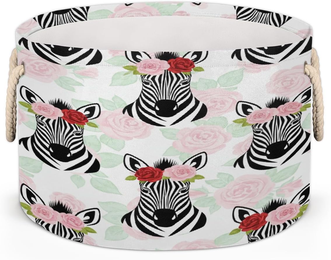 Large Storage Baskets - Zebra Roses Floral Nursery Round Collapsible Organizer Bin Box, Laundry Hamper for Kids Toys, Blanket, Bedroom Living Room Home Decor, Gift Basket, 19.4"x13.3"