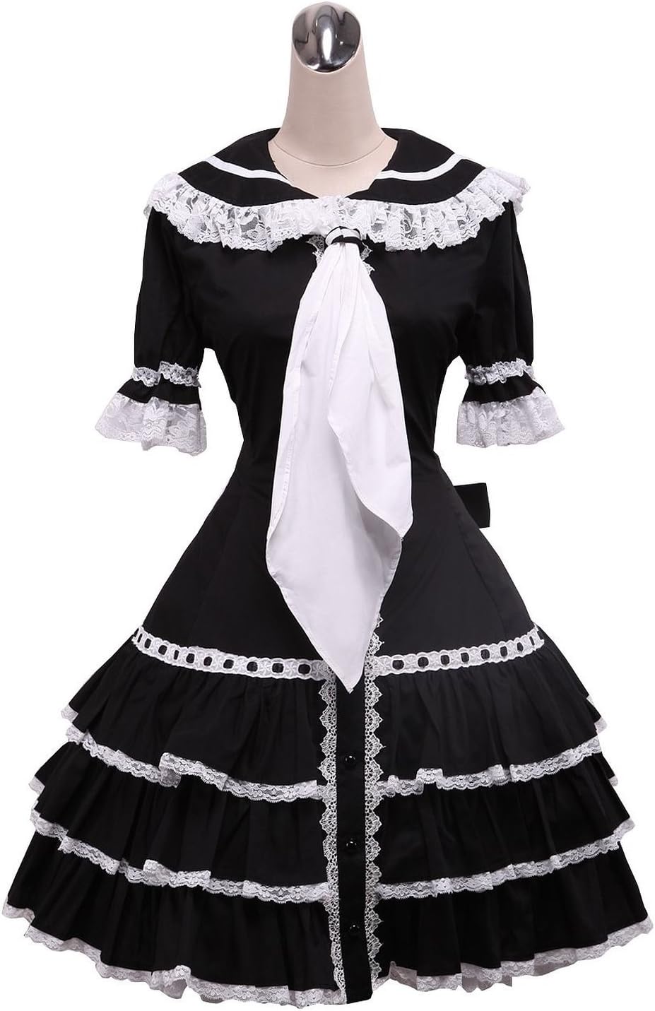 Sailor Vintage Gothic Cotton Front Tie Lace Ruffle Lolita Dress Black