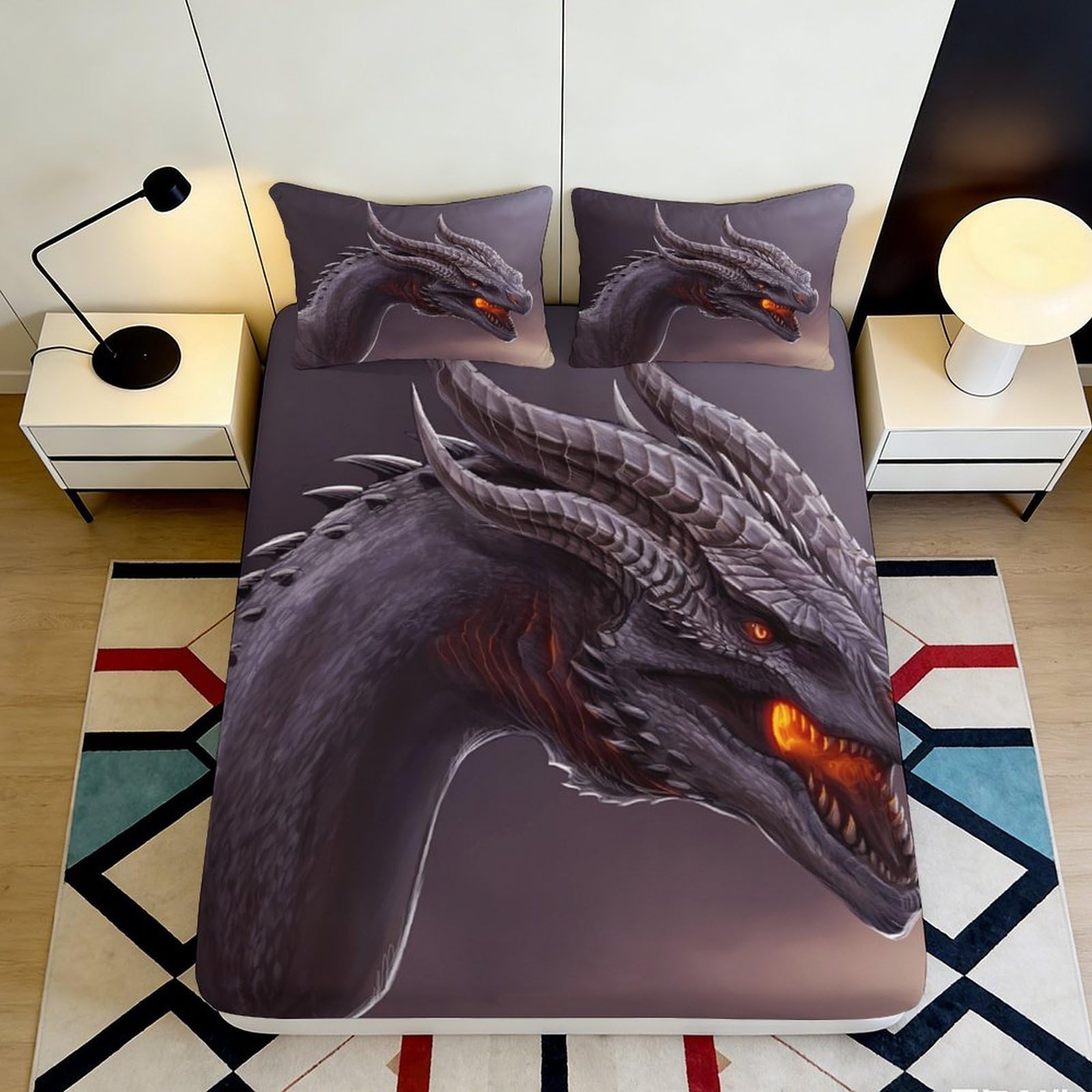 3D Printed black dragon Fitted Sheet, Microfiber soft touch, wrinkle resistant, apartment bedding, home decor, easy care, bedroom decor 90x200x25cm